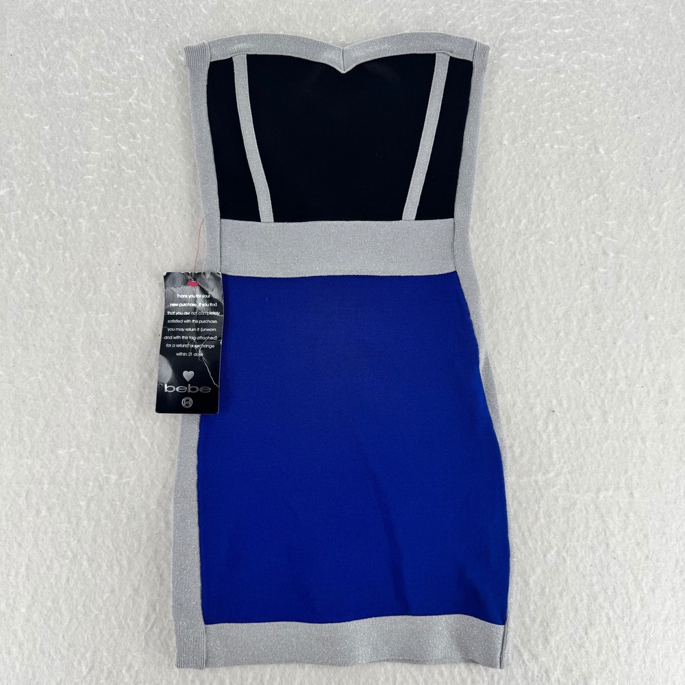 NWT Bebe - Strapless Sweetheart Colorblock Lurex Dress -Blue/Silver - XS - Women